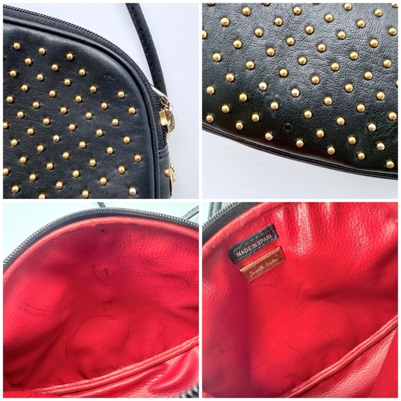 Vintage Judith Leiber Black Leather Gold Studded Red Lined Crossbody Bag Spain - Picture 15 of 16